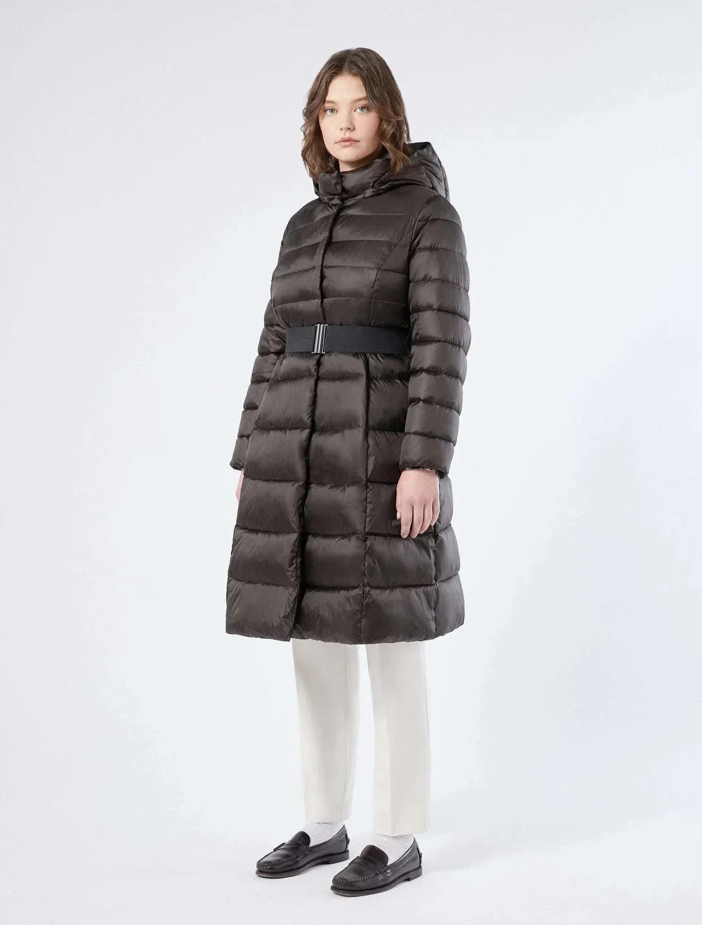 VIADANA iridescent nylon puffer coat with elastic waist belt and removable hood
