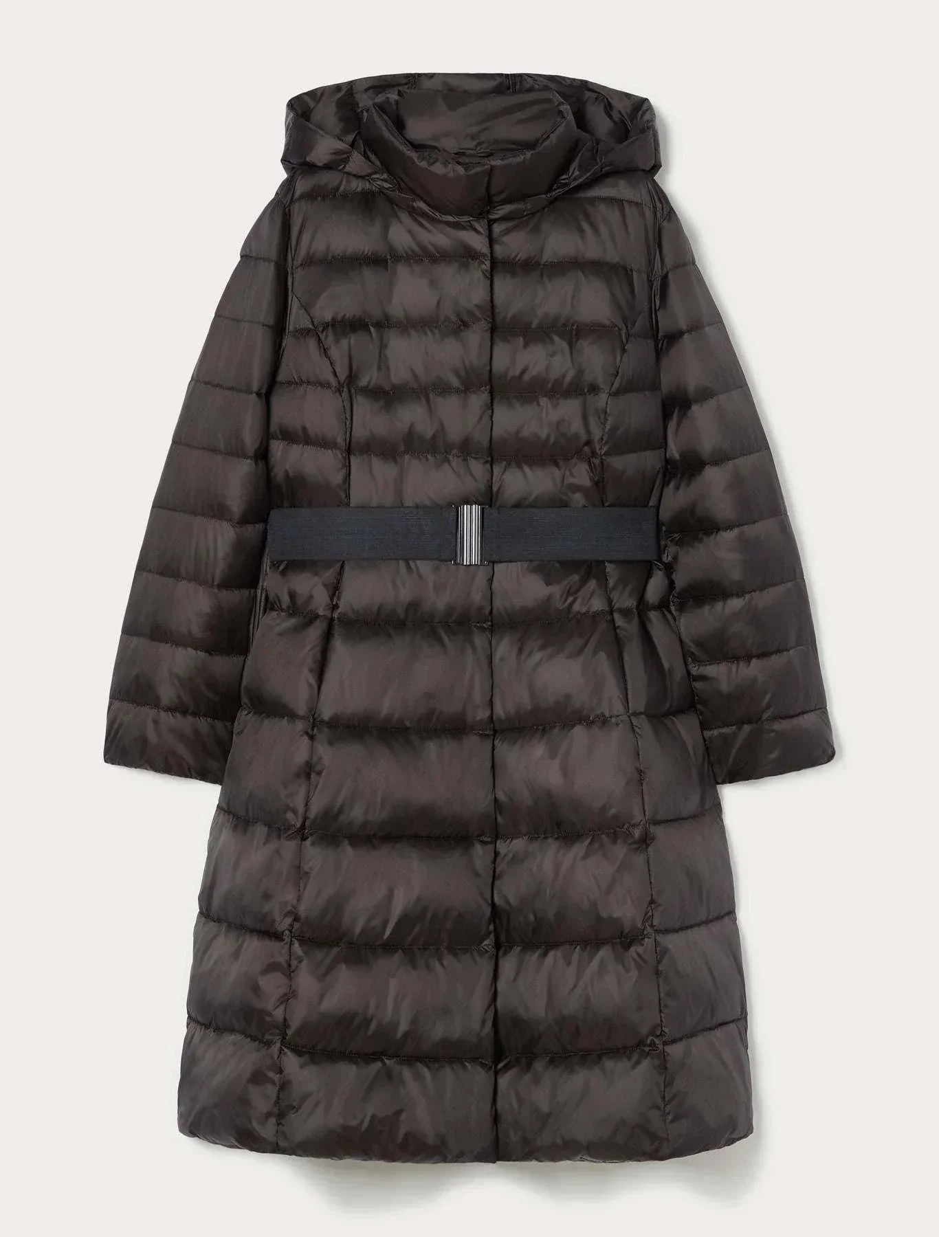 VIADANA iridescent nylon puffer coat with elastic waist belt and removable hood