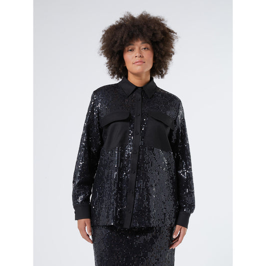 MIRELLA black sequin lace blouse with flannel back and patch pockets – front and back view