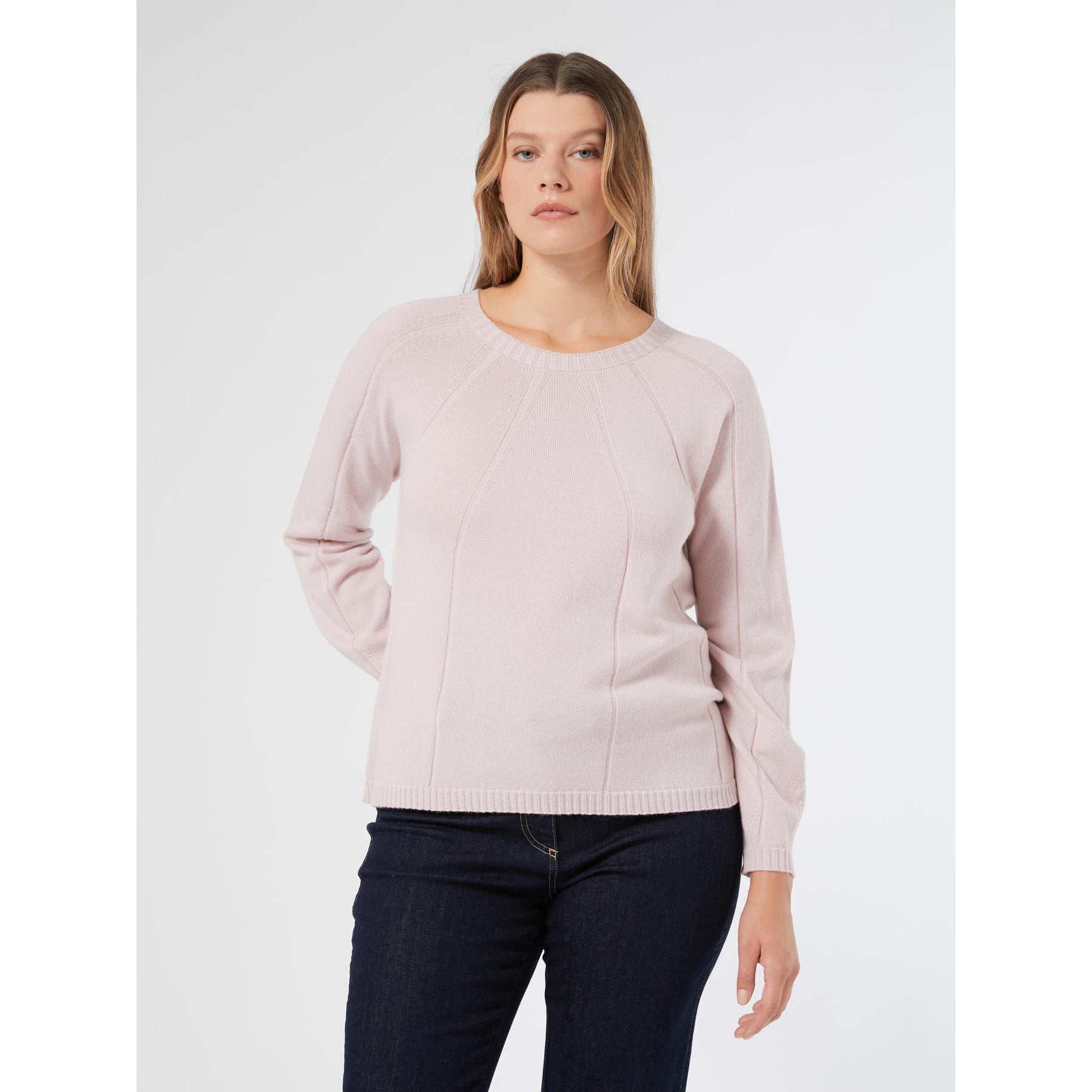 PANDORO wool and cashmere-blend sweater in powder pink on model – Persona by Marina Rinaldi