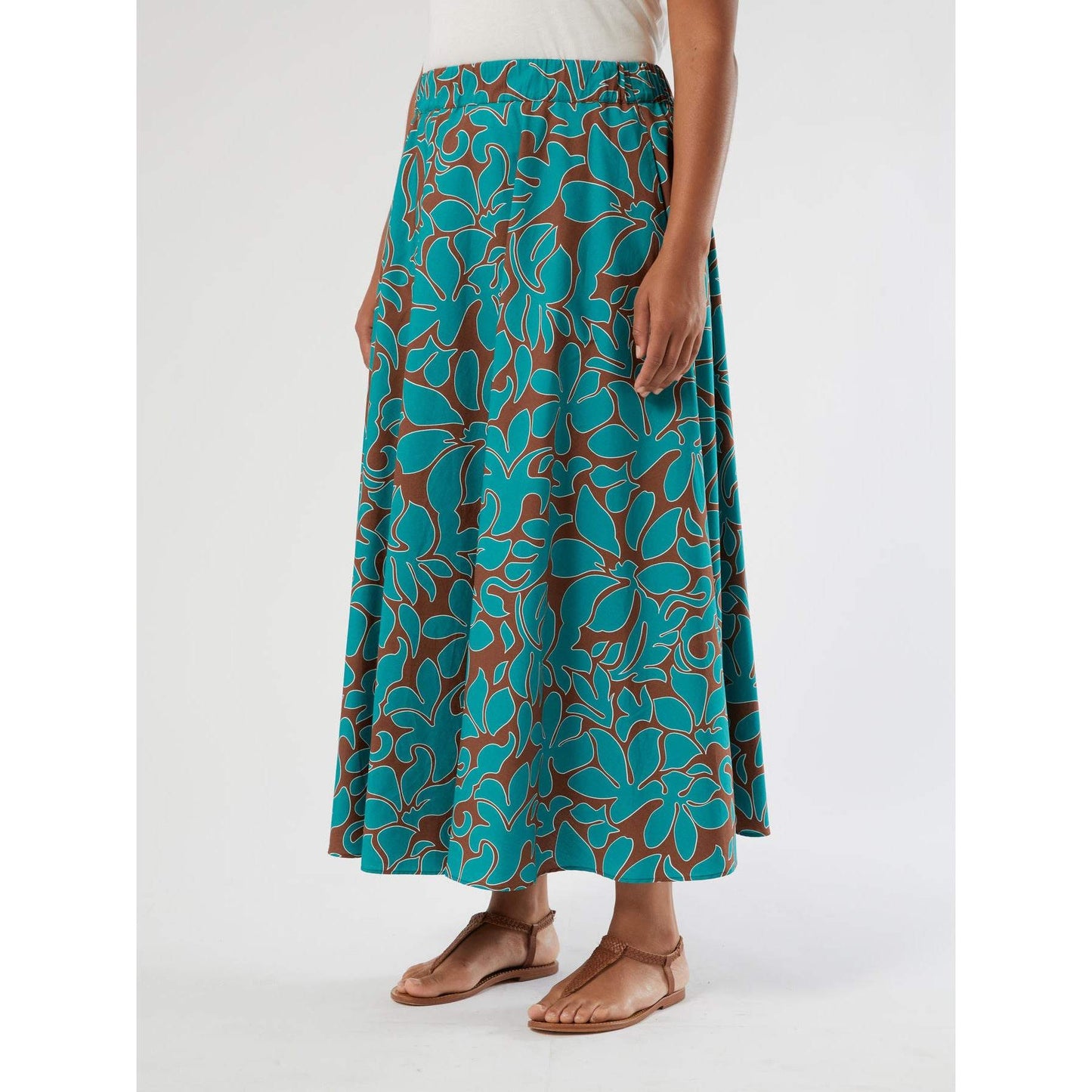 printed cotton skirt TERZO Persona by Marina Rinaldi plus size green brown floral print long skirt front view