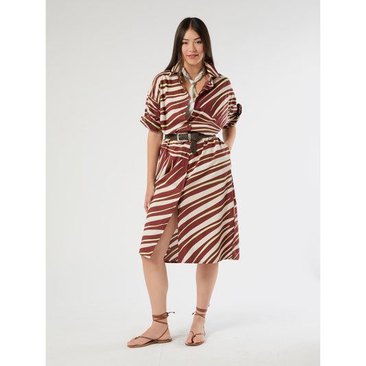 printed cotton shirt dress PEDONE Persona by Marina Rinaldi plus size brown beige graphic print front view