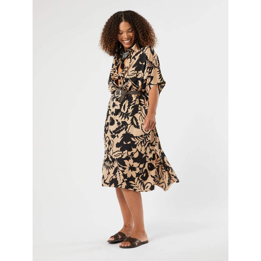 SULTANO printed viscose dress with flowing kaftan silhouette, button-up polo neckline, matching belt, and artistic all-over print.