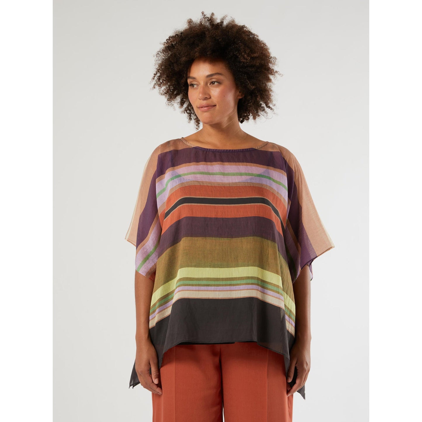 printed Tencel poncho tunic AGAPE Persona by Marina Rinaldi plus size striped loose fit front viewte