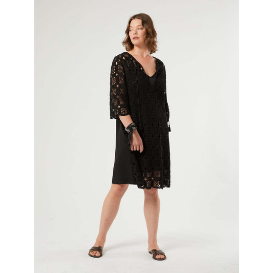 AFELIO crochet dress with V-neckline, torchon ties, tassels, 3/4 sleeves, and breathable cotton crochet fabric.