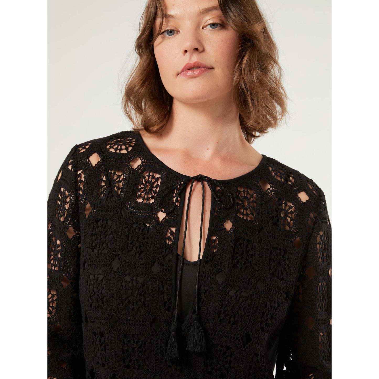 AFELIO crochet dress with V-neckline, torchon ties, tassels, breathable cotton crochet, soft jersey back, and straight fit for plus size women