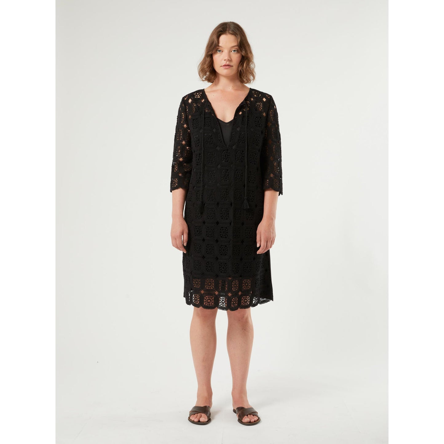 AFELIO crochet dress in breathable cotton with V-neckline, torchon ties, tassels, and matching slip for plus size comfort and Italian elegance
