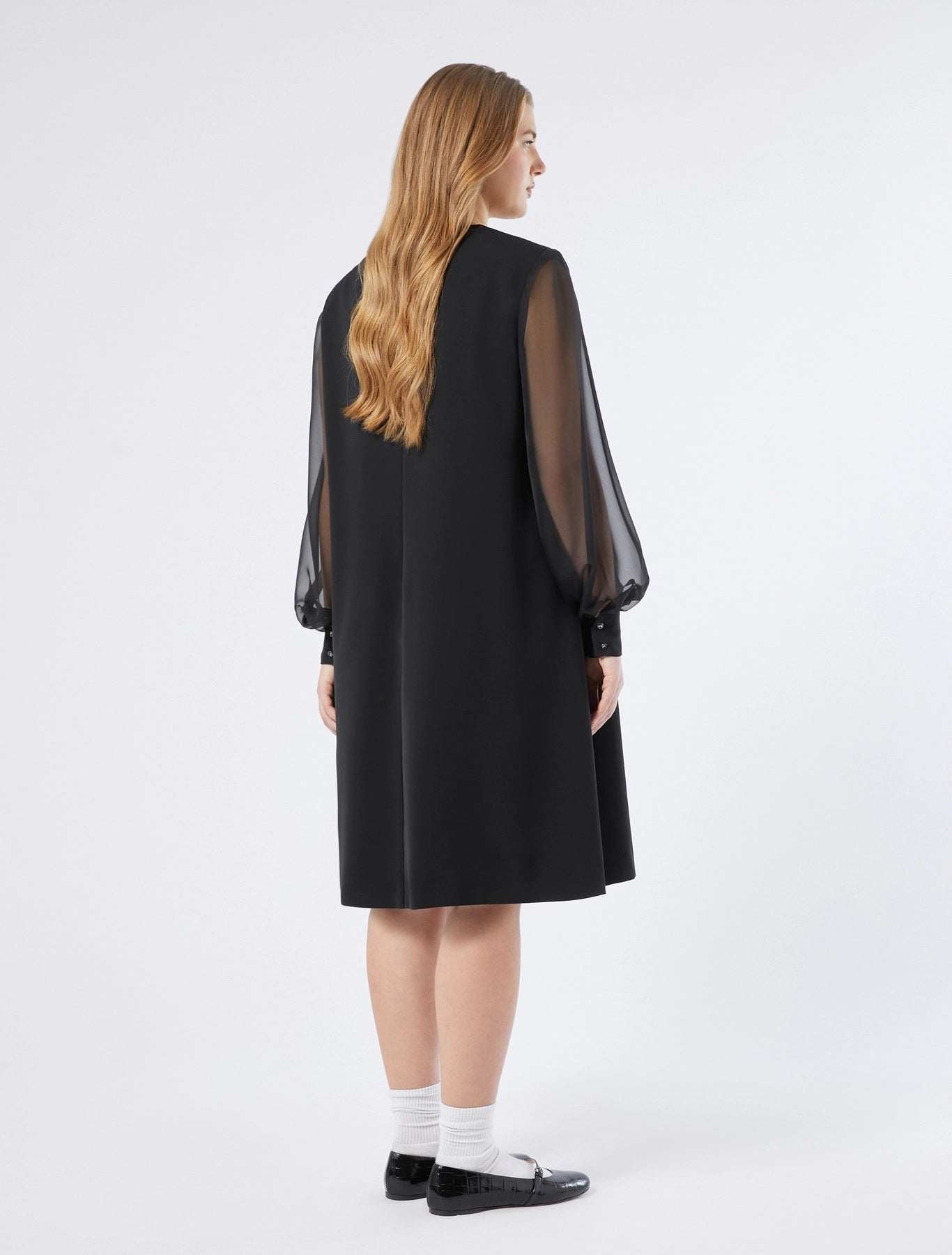 ADESSO A-line dress with stretch cady fabric, chiffon sleeves, and rhinestone chain neckline from Marina Rinaldi collection
