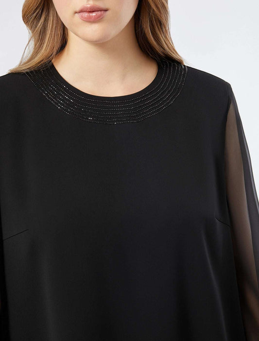 ADESSO A-line dress in stretch cady with chiffon sleeves and rhinestone chain neckline