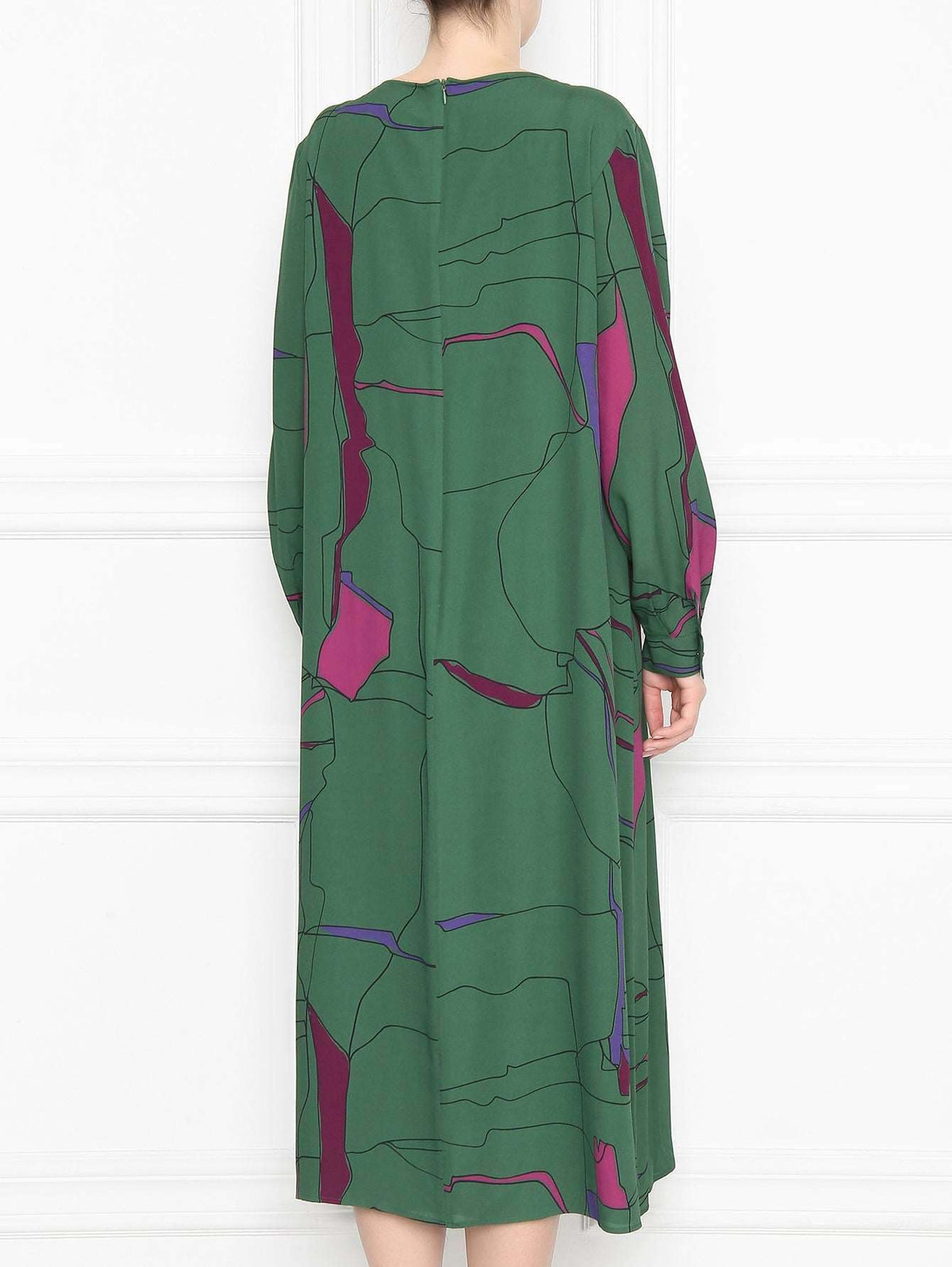Dress DARSEN midi dress in green viscose with abstract purple and black pattern, long sleeves, and relaxed A-line silhouette.