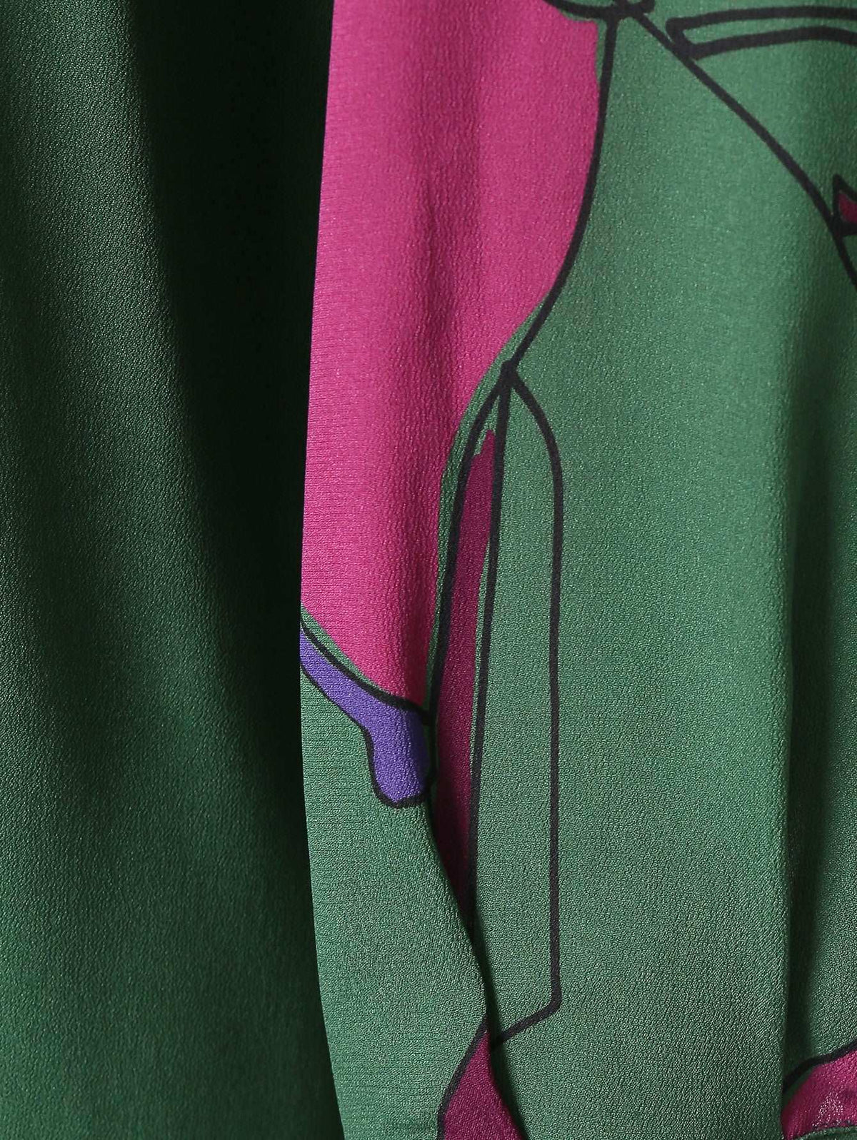 Dress DARSEN in flowing green viscose fabric with bold pink and purple abstract floral patterns on long sleeves.