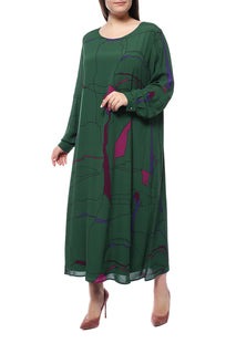 Dress DARSEN in green viscose with abstract purple pattern, long sleeves, round neckline, and a flowing A-line midi silhouette.