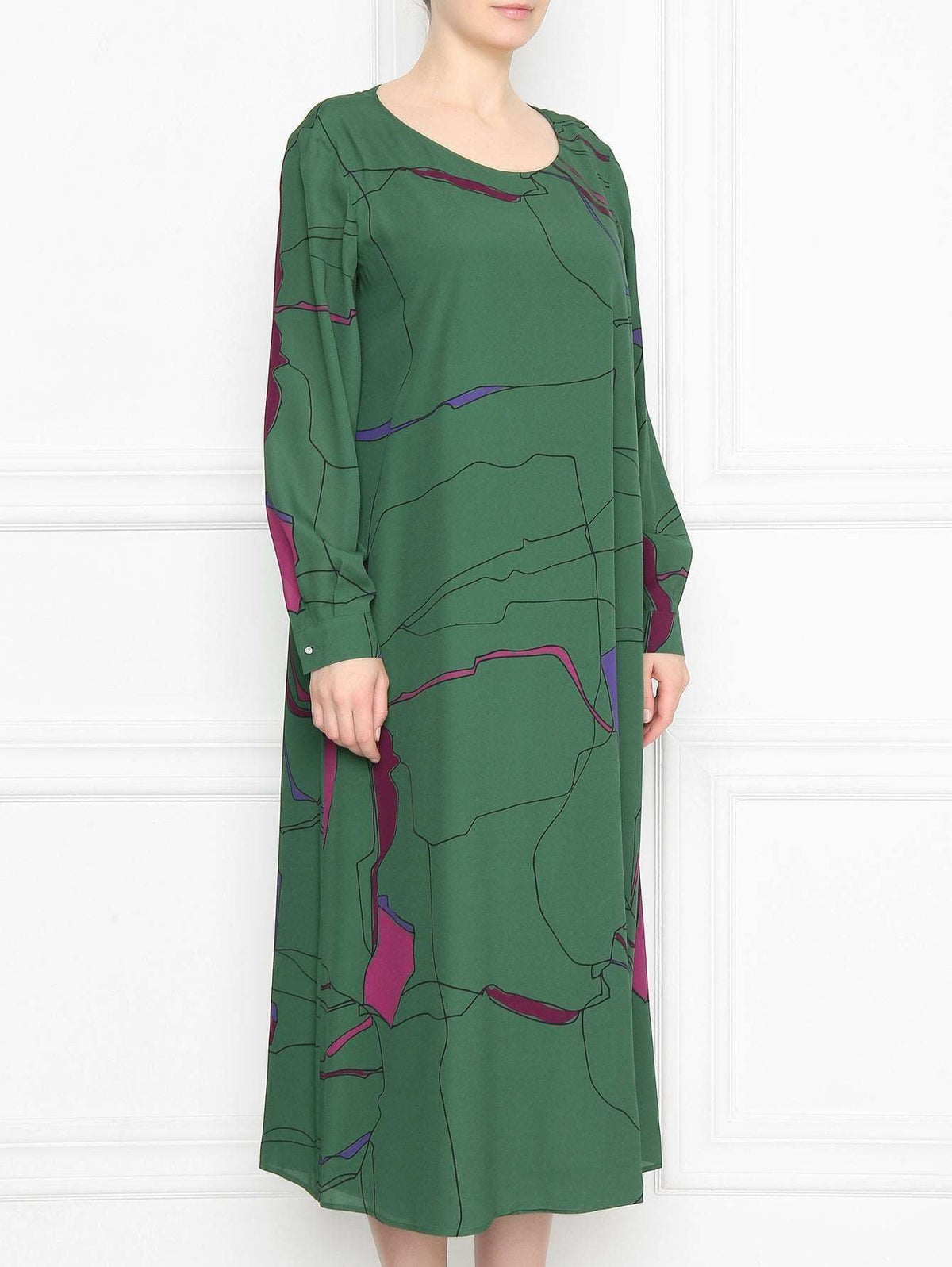 Dress DARSEN in green with abstract purple and black line patterns, long sleeves with buttoned cuffs, and a round neckline.