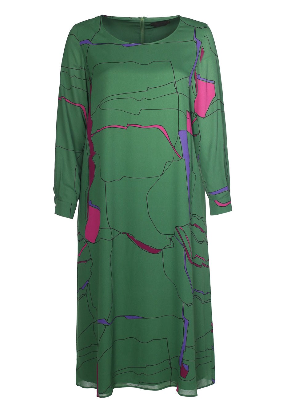 Dress DARSEN midi dress in green viscose with abstract pink and purple line patterns, round neckline, and long sleeves with crystal fastenings.