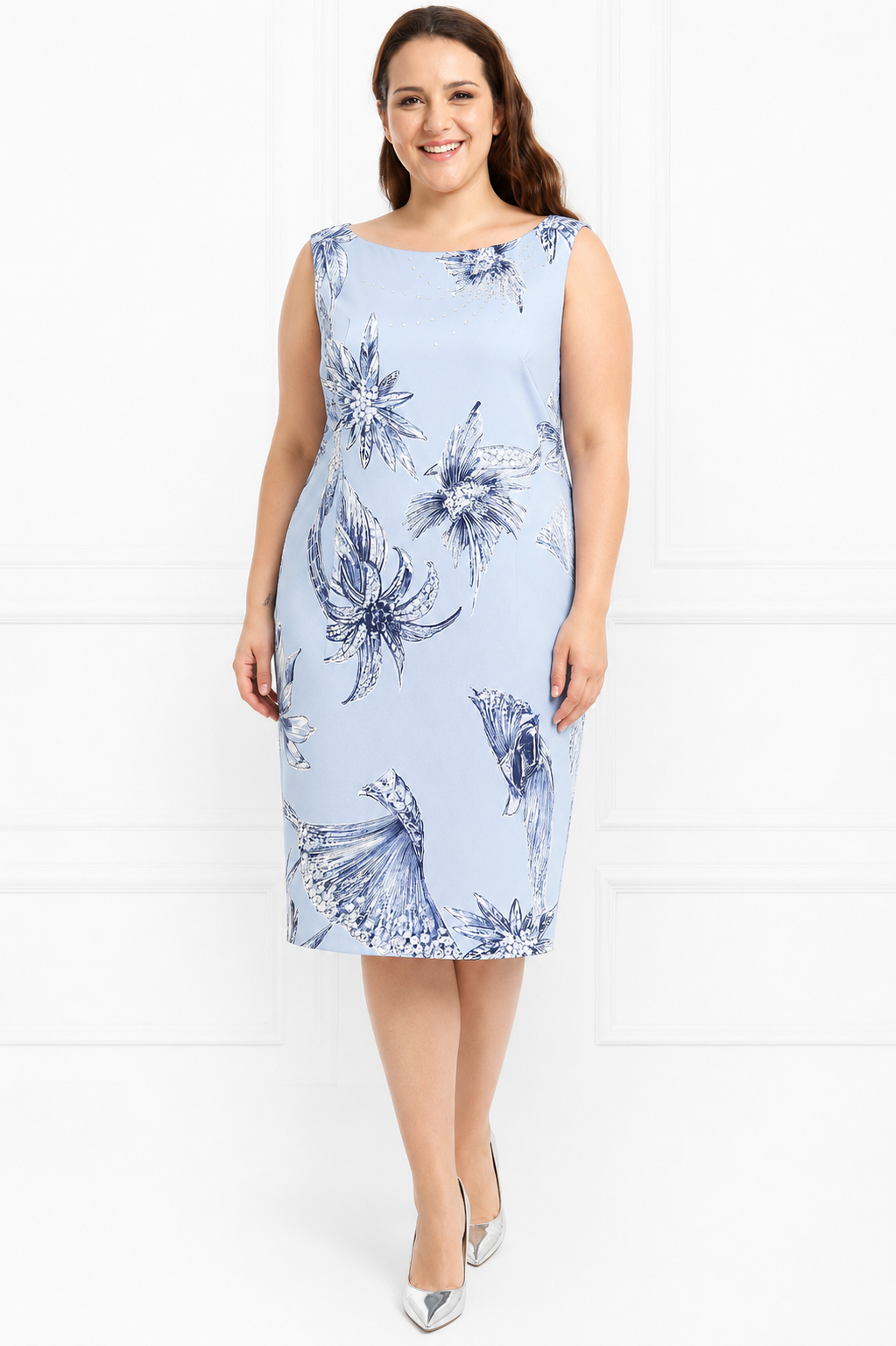 Elegant DECAEDRO dress with crystal embellishments, round neckline, back slit, and hidden zipper