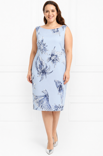 Elegant DECAEDRO dress with crystal embellishments, round neckline, back slit, and hidden zipper