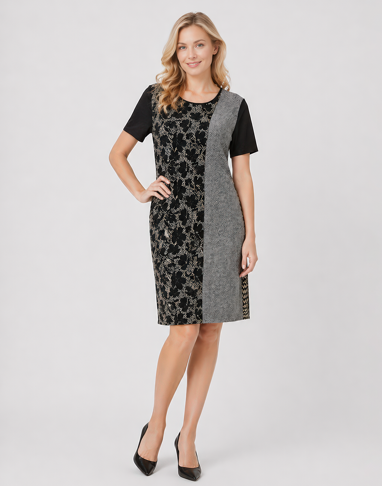 Persona by Marina Rinaldi DECIDERE dress with floral graphic front, short sleeves, round neckline, and solid back in 100% cotton sheath style