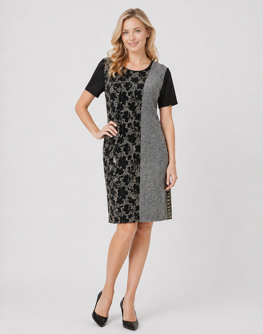 Persona by Marina Rinaldi DECIDERE dress with floral graphic front, short sleeves, round neckline, and solid back in 100% cotton sheath style