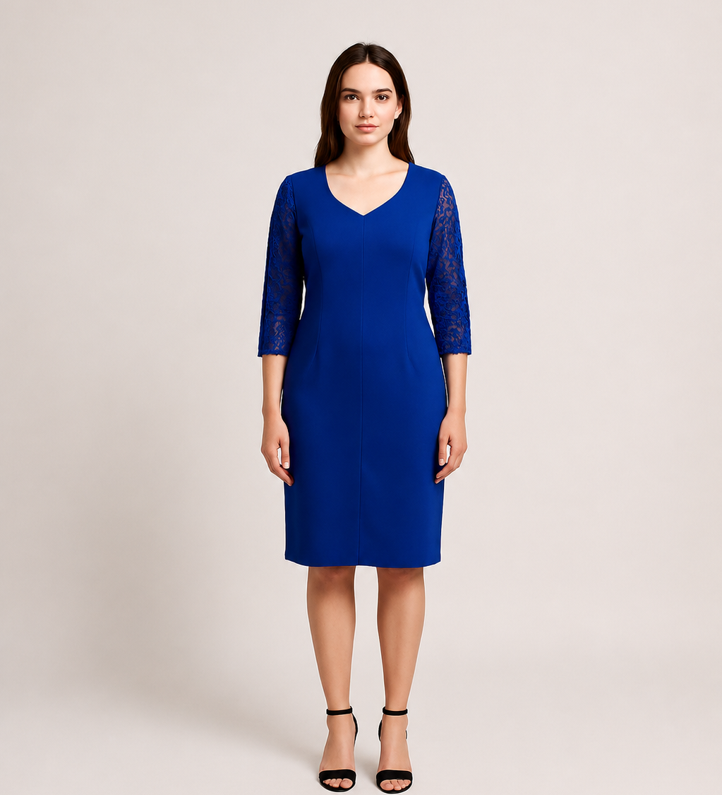 Cobalt-blue Decorato dress with lace 3/4 sleeves and sweetheart neckline by Persona by Marina Rinaldi