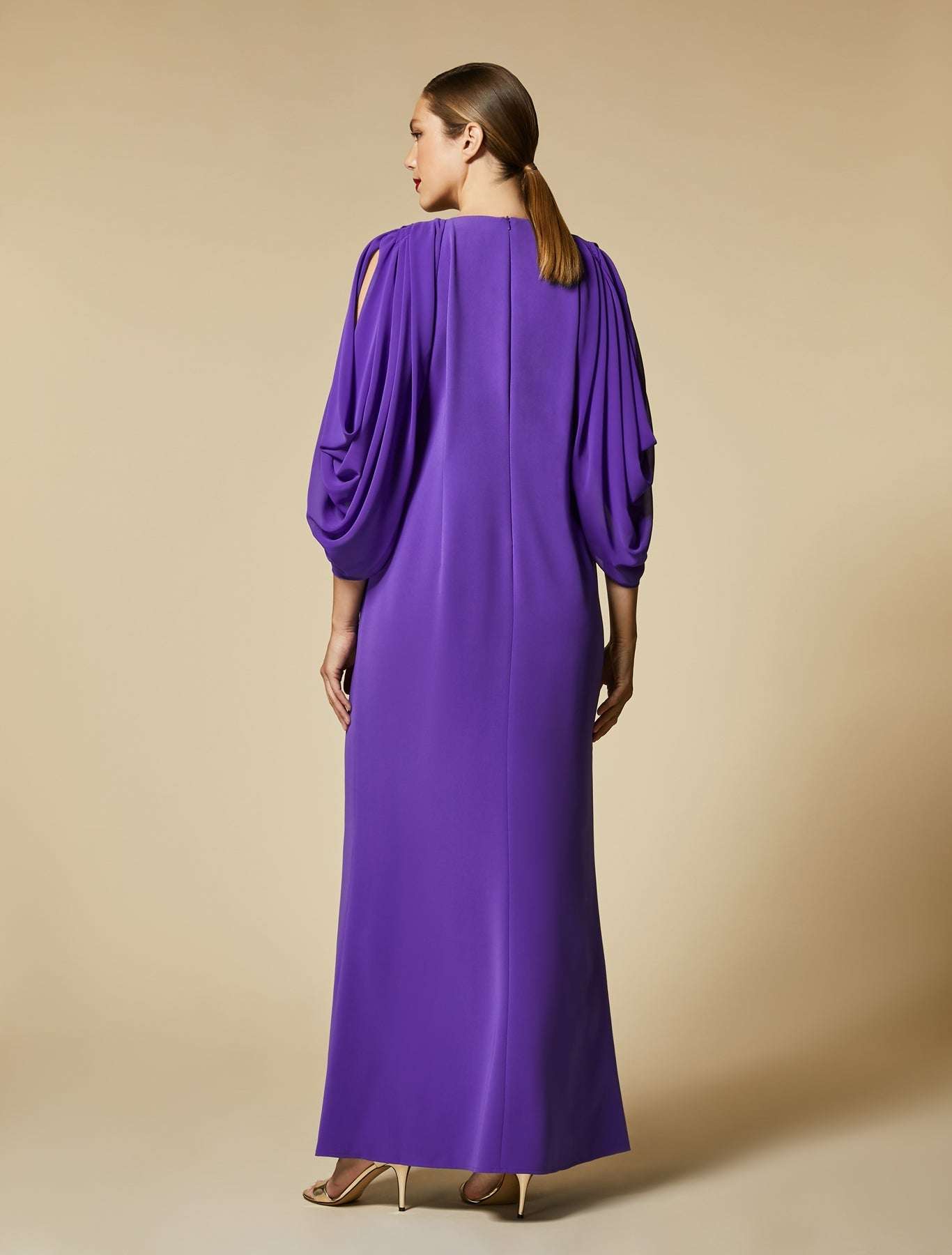Dress DEDICATO three-quarter sleeve crepe georgette with pleats, draping, and hand-embroidered crystals