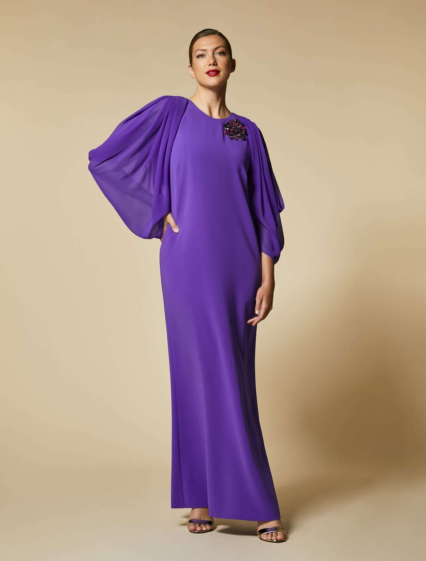 Dress DEDICATO three-quarter sleeve crepe georgette dress with pleats, colorful crystal embroidery, and semi-fitted silhouette