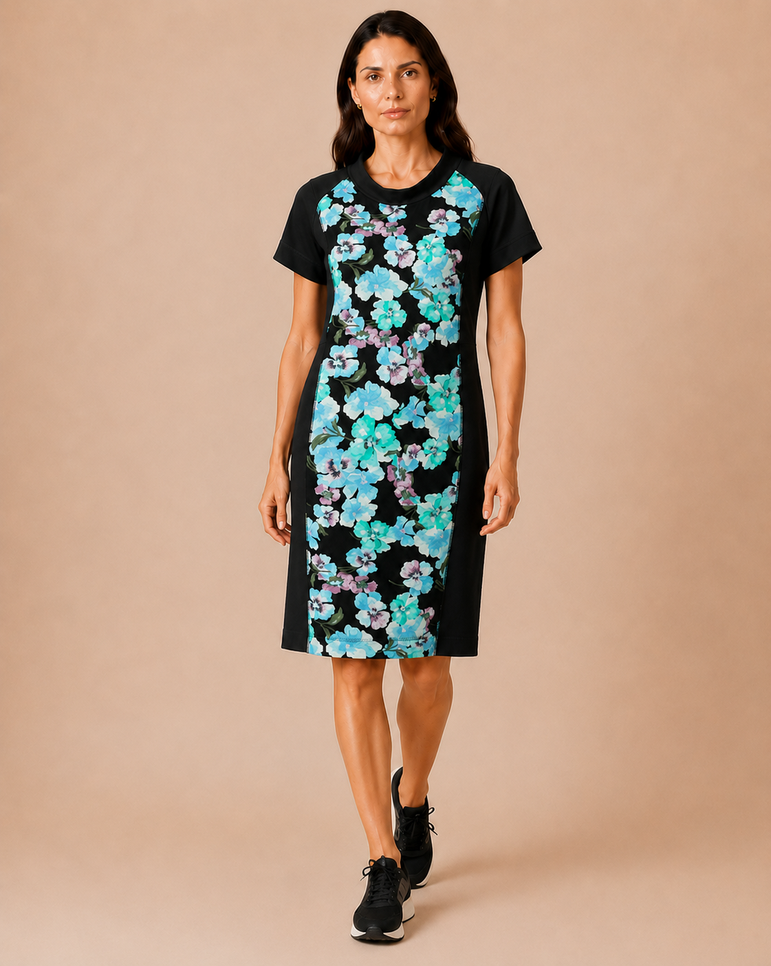 DELTA dress by Persona by Marina Rinaldi with floral front panel, short sleeves, round neckline, and solid back in breathable 100% cotton sheath silhouette