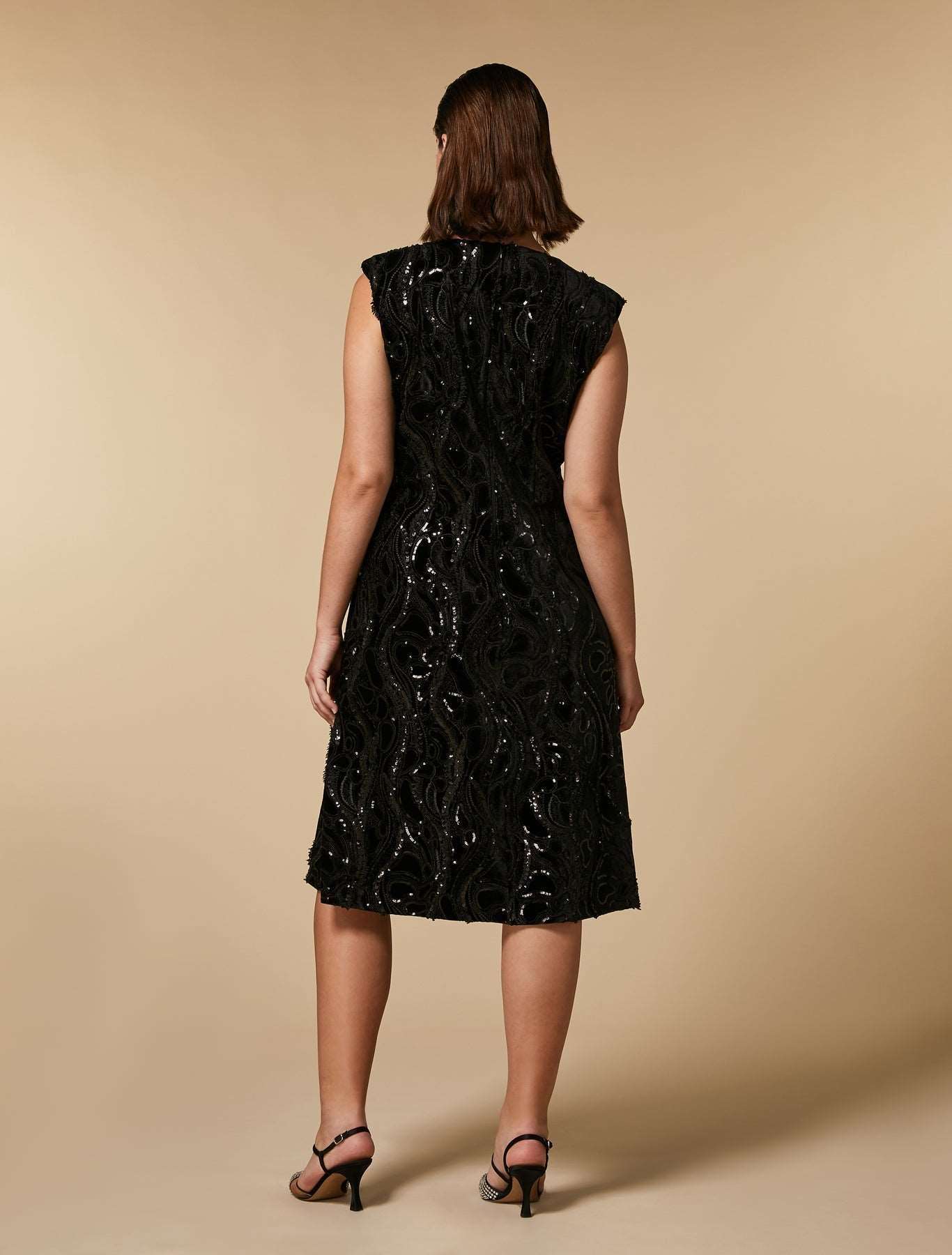 Dress DESIDERI embroidered stretch velvet with structured shoulders and V-neckline