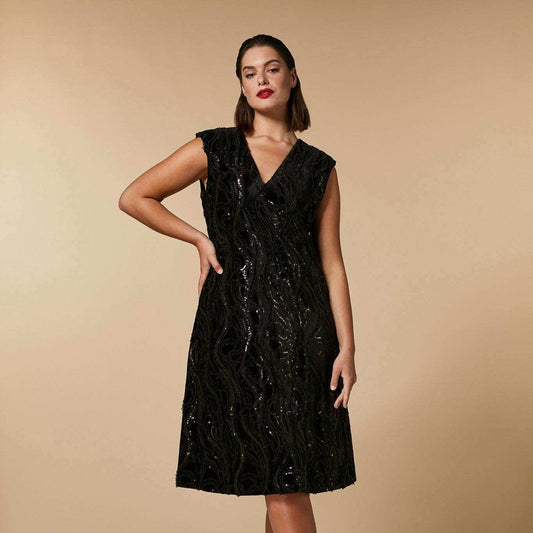 Dress DESIDERI embroidered stretch velvet with structured shoulders and V-neckline