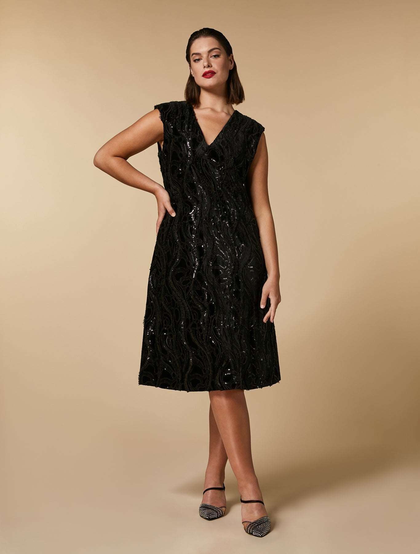 Dress DESIDERI embroidered stretch velvet with structured shoulders and V-neckline