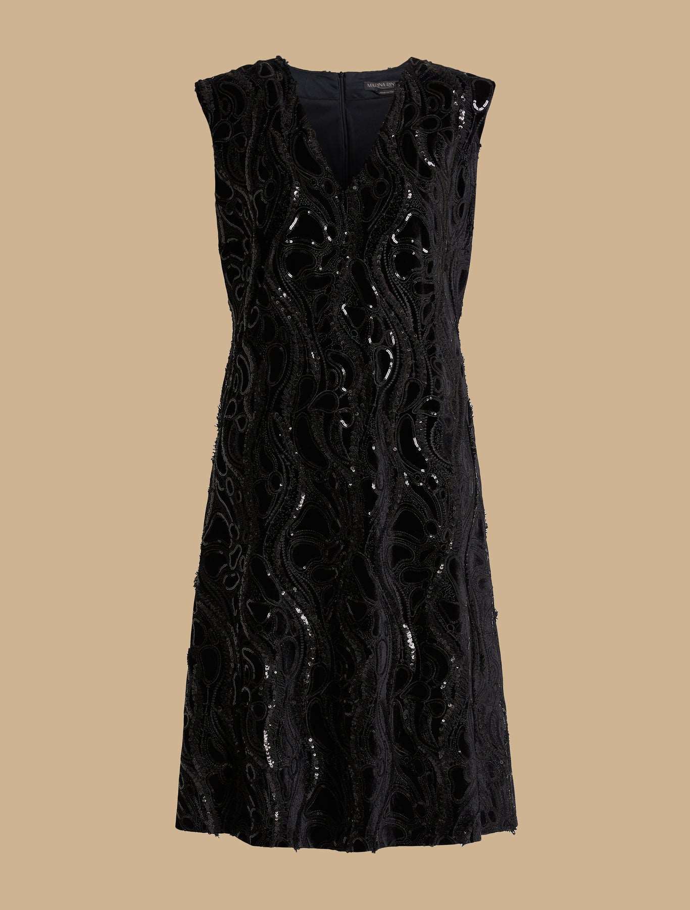 Dress DESIDERI embroidered stretch velvet with structured shoulders and V-neckline