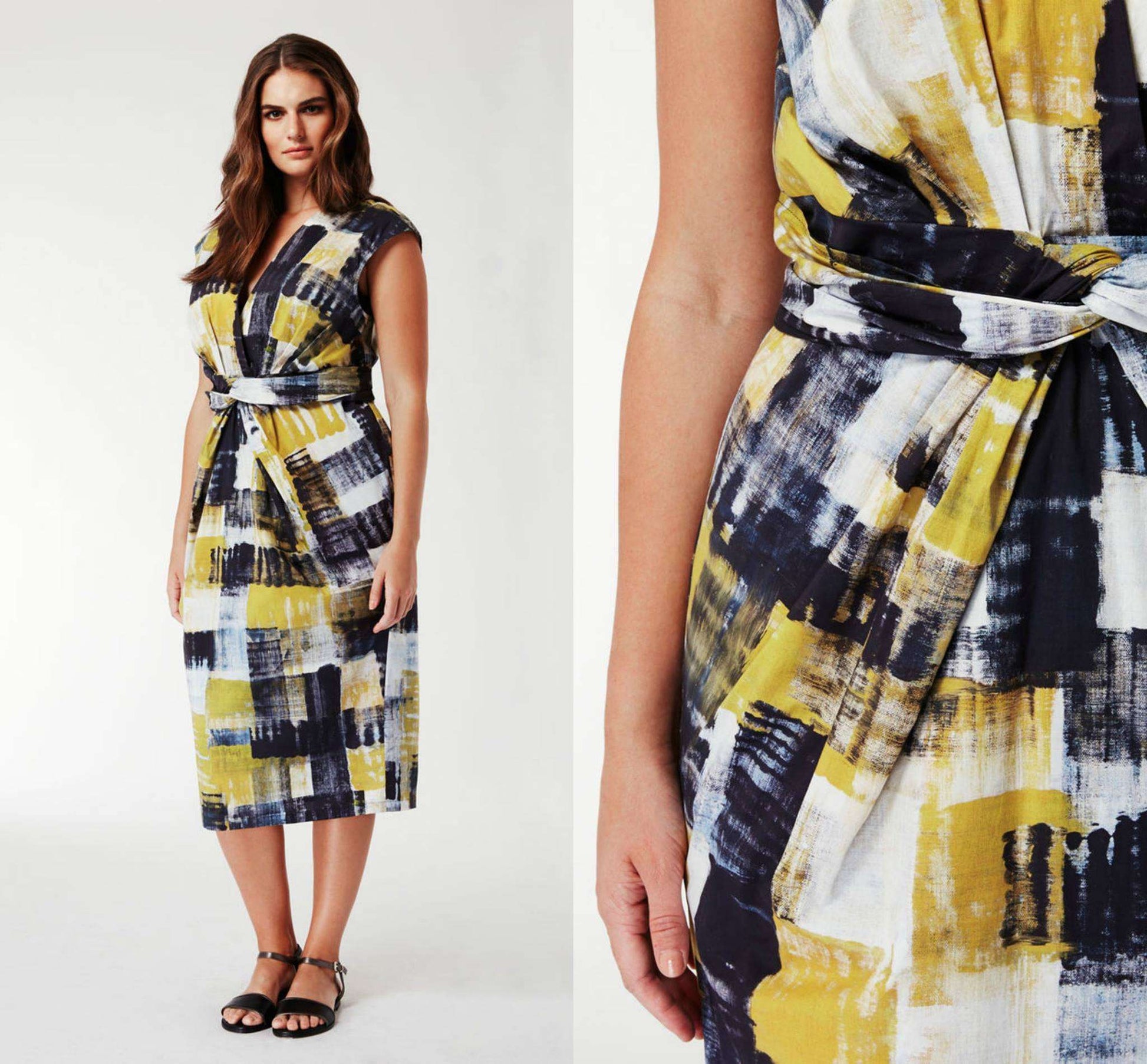 Dress DEVON sleeveless yellow gray print poplin with draped waist and V-neck