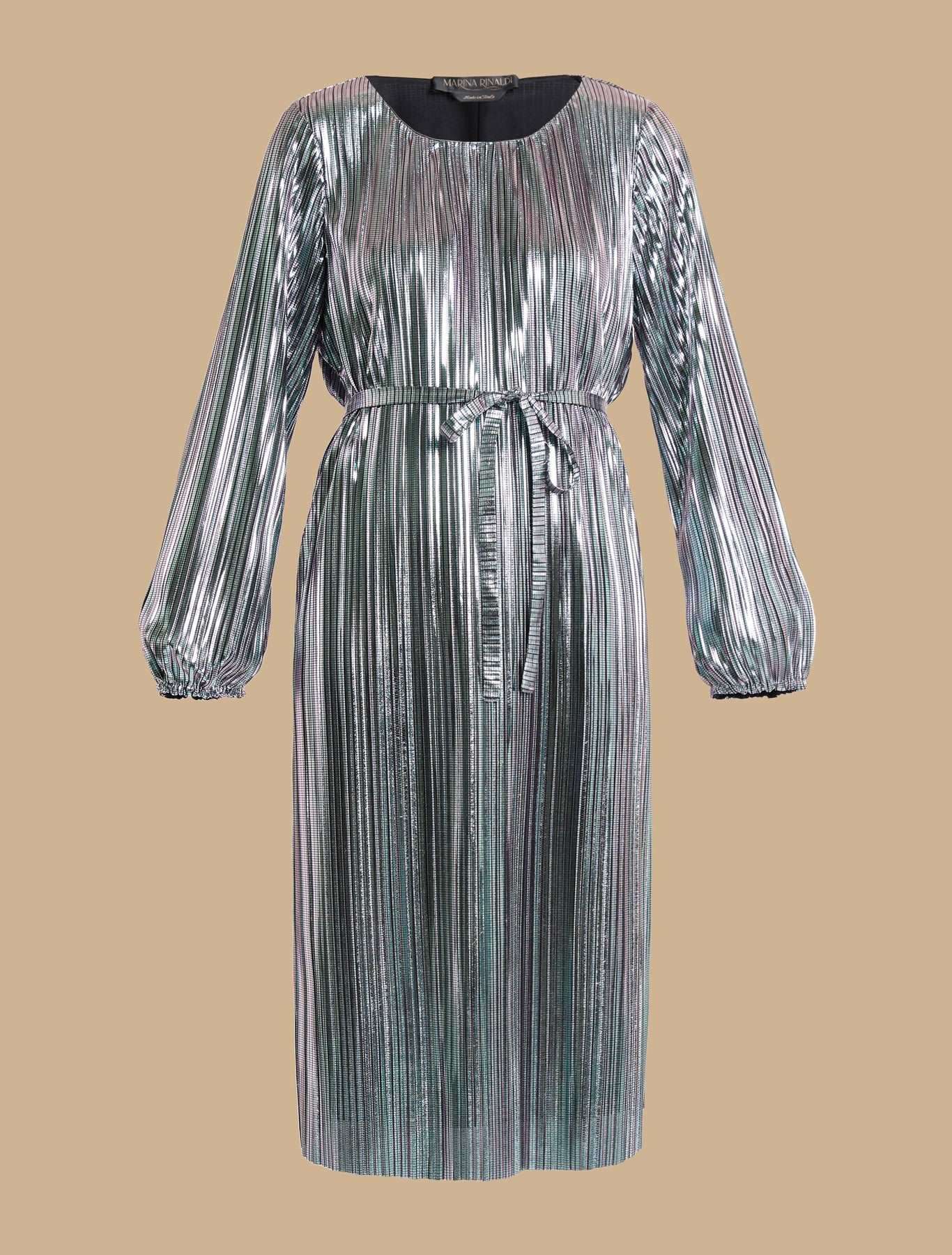 Shimmering pleated midi dress with round neckline and elastic cuffs, adjustable waist belt, perfect for events