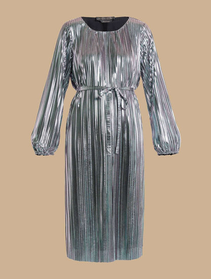 Shimmering pleated midi dress with round neckline and elastic cuffs, adjustable waist belt, perfect for events