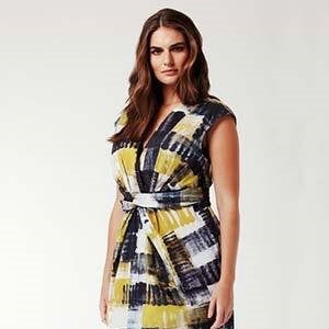 Dress DEVON sleeveless yellow gray print poplin with V-neck and draped waist
