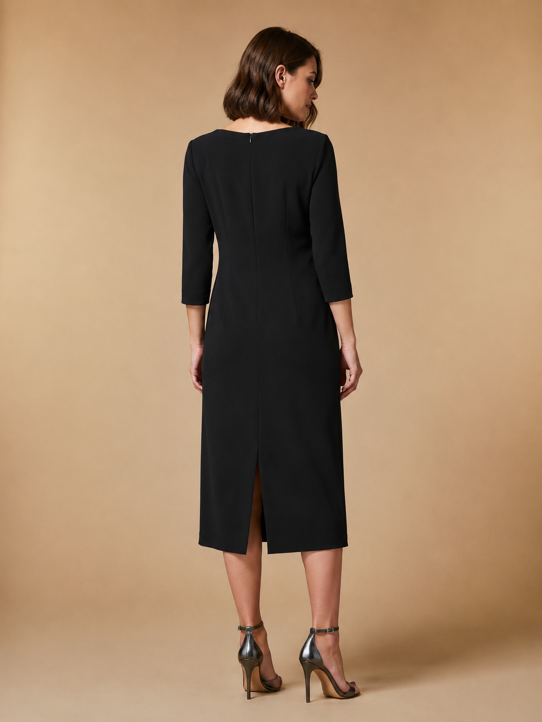 Elegant Dress DICOREO with silver embroidery, square neckline, zipper back, slit, and 3/4 sleeves