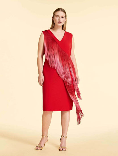 Sleeveless V-neck Dress DOMANI with front mansion detail and back slit, lined with hidden back zipper and adjustable three-quarter sleeves
