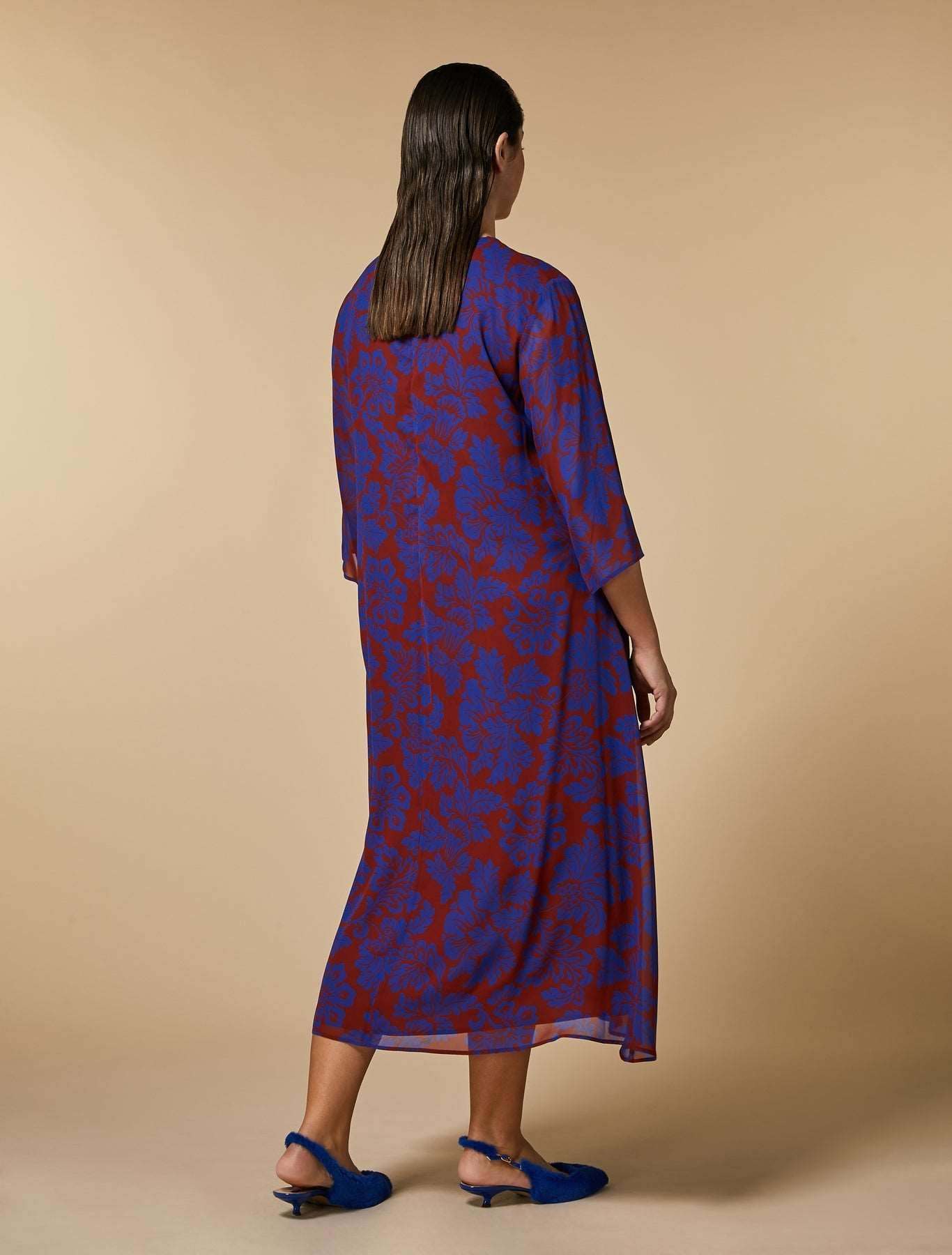 Dress DORIANA viscose georgette with exclusive print, loose fit, round neckline, and 3/4 sleeves