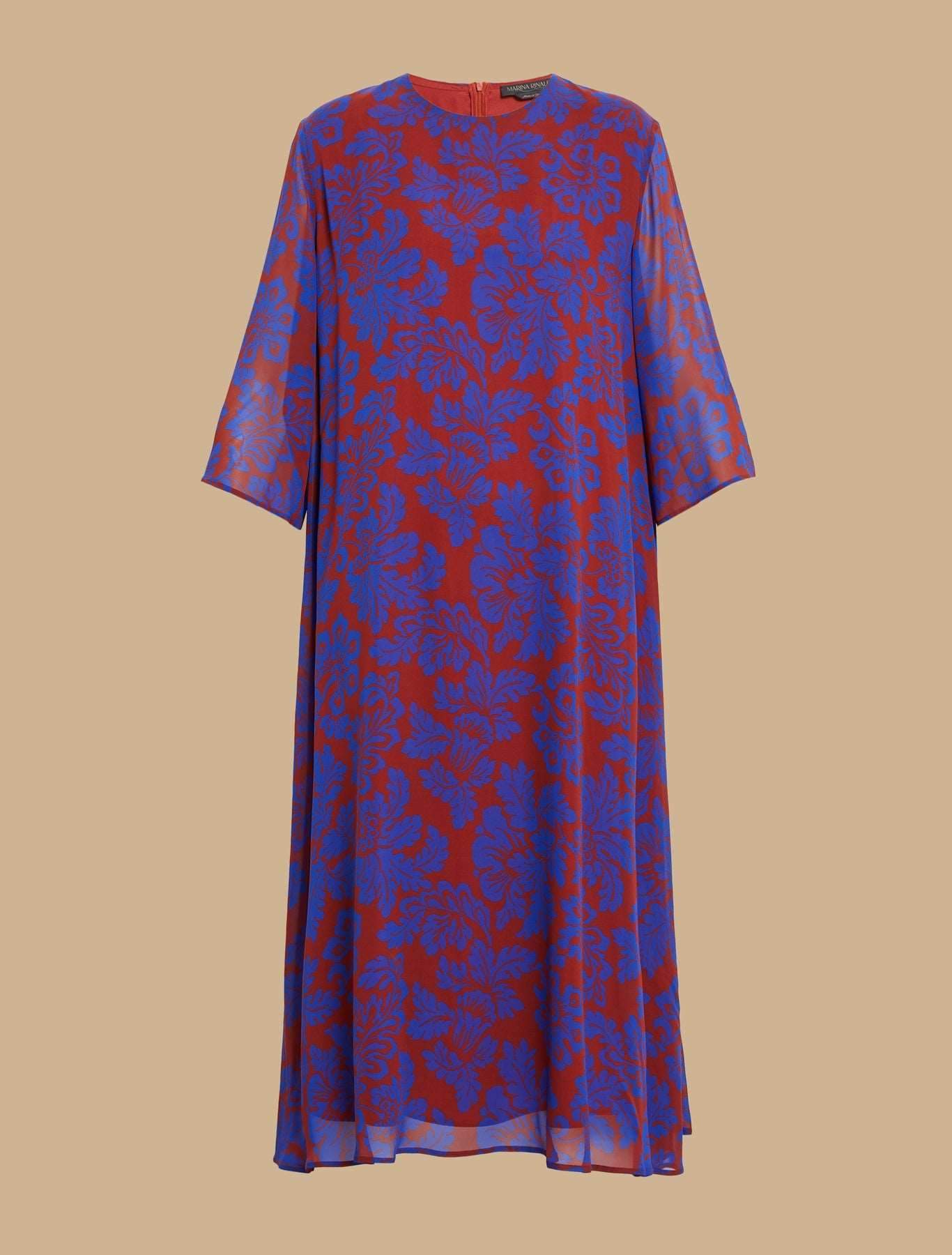 Dress DORIANA viscose georgette with exclusive print, loose fit, round neckline, 3/4 sleeves, hidden back zipper