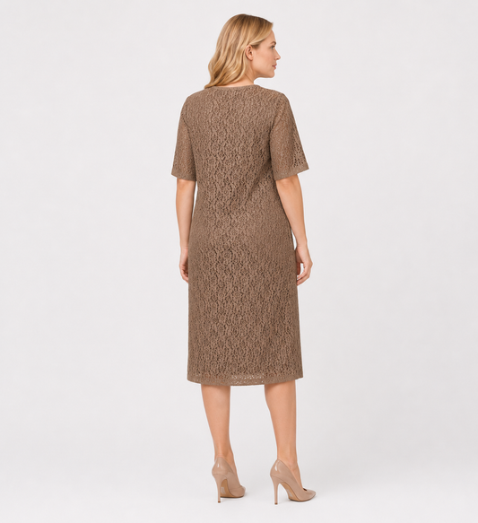 Woman wear Persona by Marina Rinaldi DUO lace dress with short sleeves and V-neckline, styled for office and casual outings