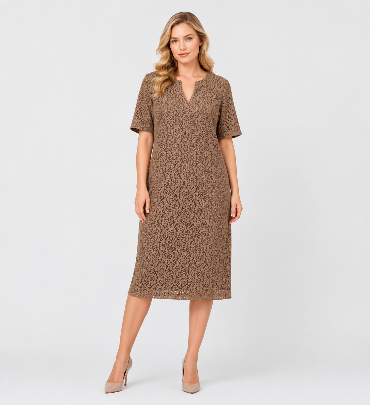 DUO dress by Persona by Marina Rinaldi lace short sleeves V-neckline elegant feminine silhouette