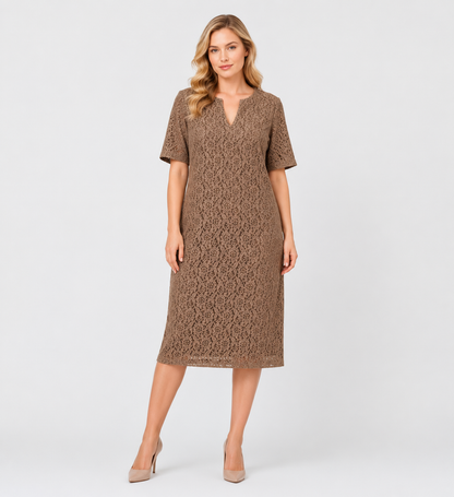 DUO dress by Persona by Marina Rinaldi lace short sleeves V-neckline elegant feminine silhouette