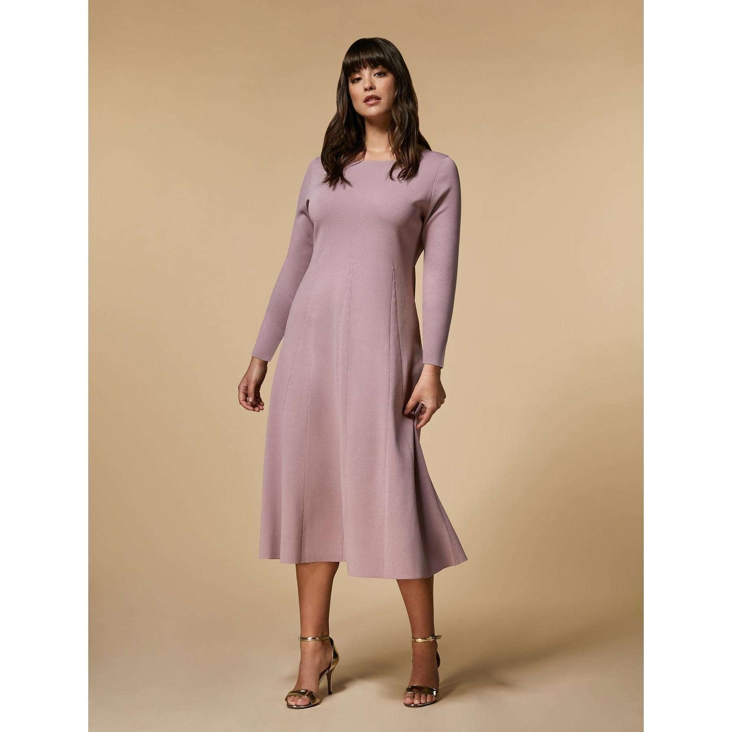 Dress GABRIELLE featuring a stretchy viscose Milano knit, wide neckline, long sleeves, and flared silhouette with segmented intarsia wedge design