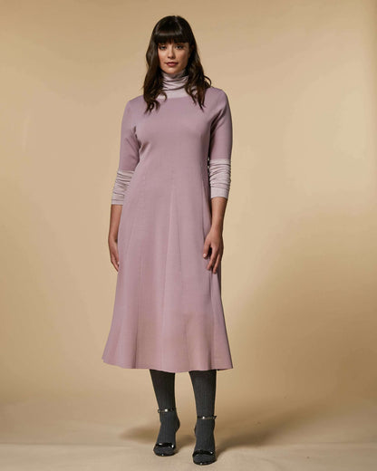 Dress GABRIELLE with stretchy viscose knit, segmented intarsia wedge, wide neckline, long sleeves, and flared silhouette