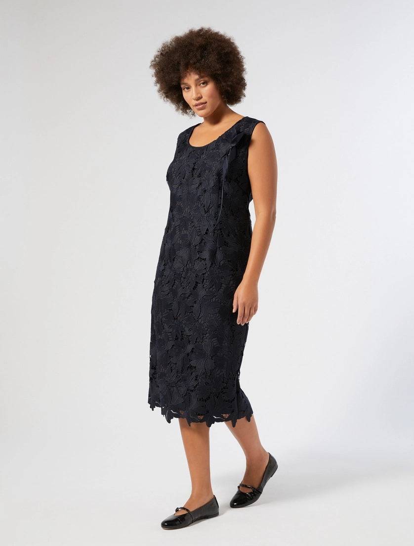 Mint and navy blue Justin Lace Midi Dress with macrame lace and matching sleeves by Persona by Marina Rinaldi