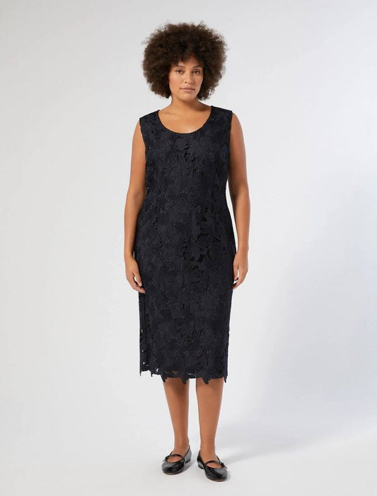 Justin Lace Midi Dress mint and navy blue macrame lace midi dress with matching sleeves by Persona by Marina Rinaldi