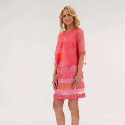 Silk organza cocktail dress Silvia by Caractere in pink-orange with stripe texture and round neckline