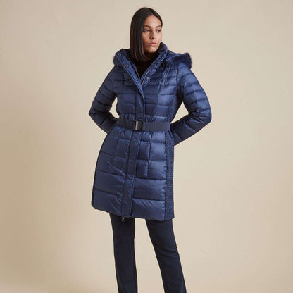 Fur-trimmed down coat with original stitching on the sides. Coat and front pockets fasten with a zipper. Comes with an elastic belt with an elegant buckle.