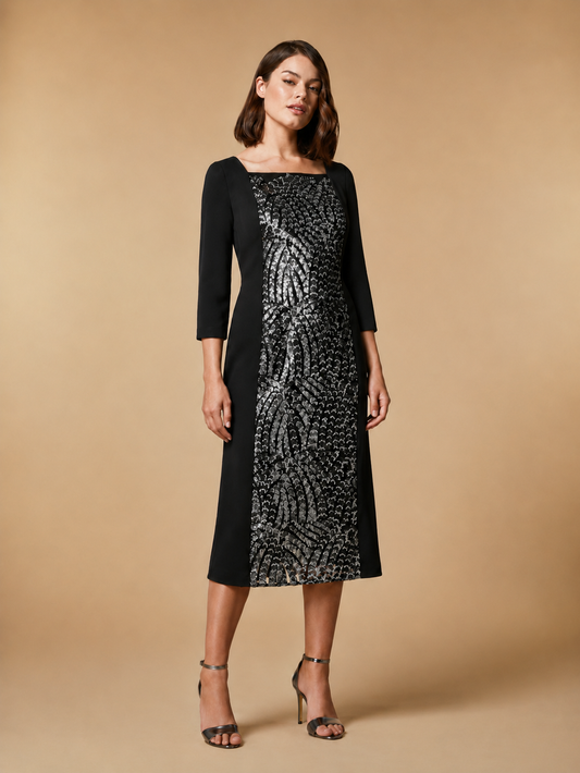 Elegant Dress DICOREO with silver embroidery, square neckline, 3/4 sleeves, back zipper, and slit.