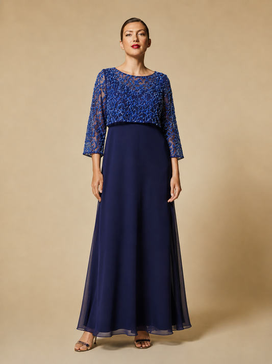 Elegant long silk chiffon Dress DEMETRA with sequin-embroidered sleeves and flowing silhouette