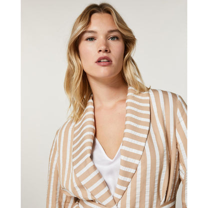 Close-up of STRENA striped jacket collar and neckline